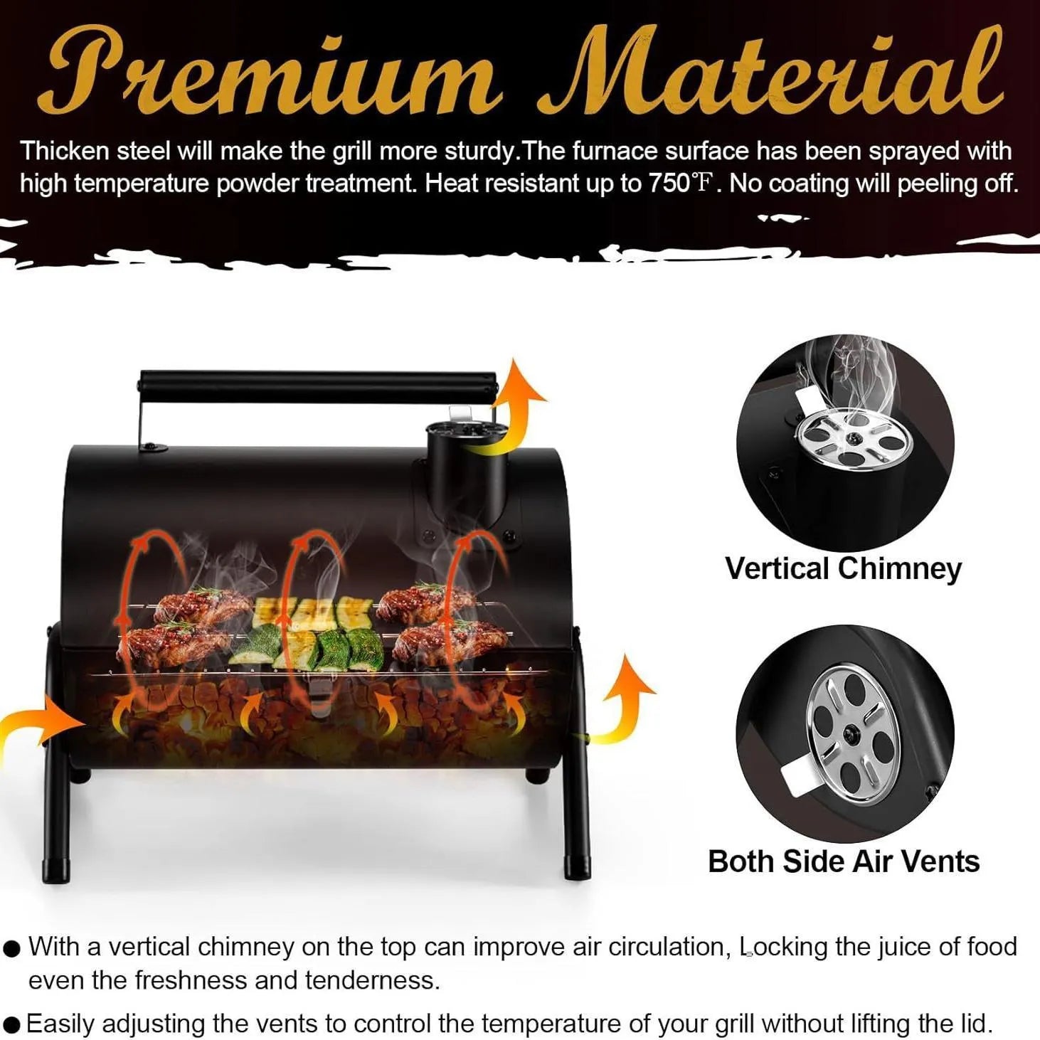 Small metal folding desktop barbecue grill with charcoal fuel bed.