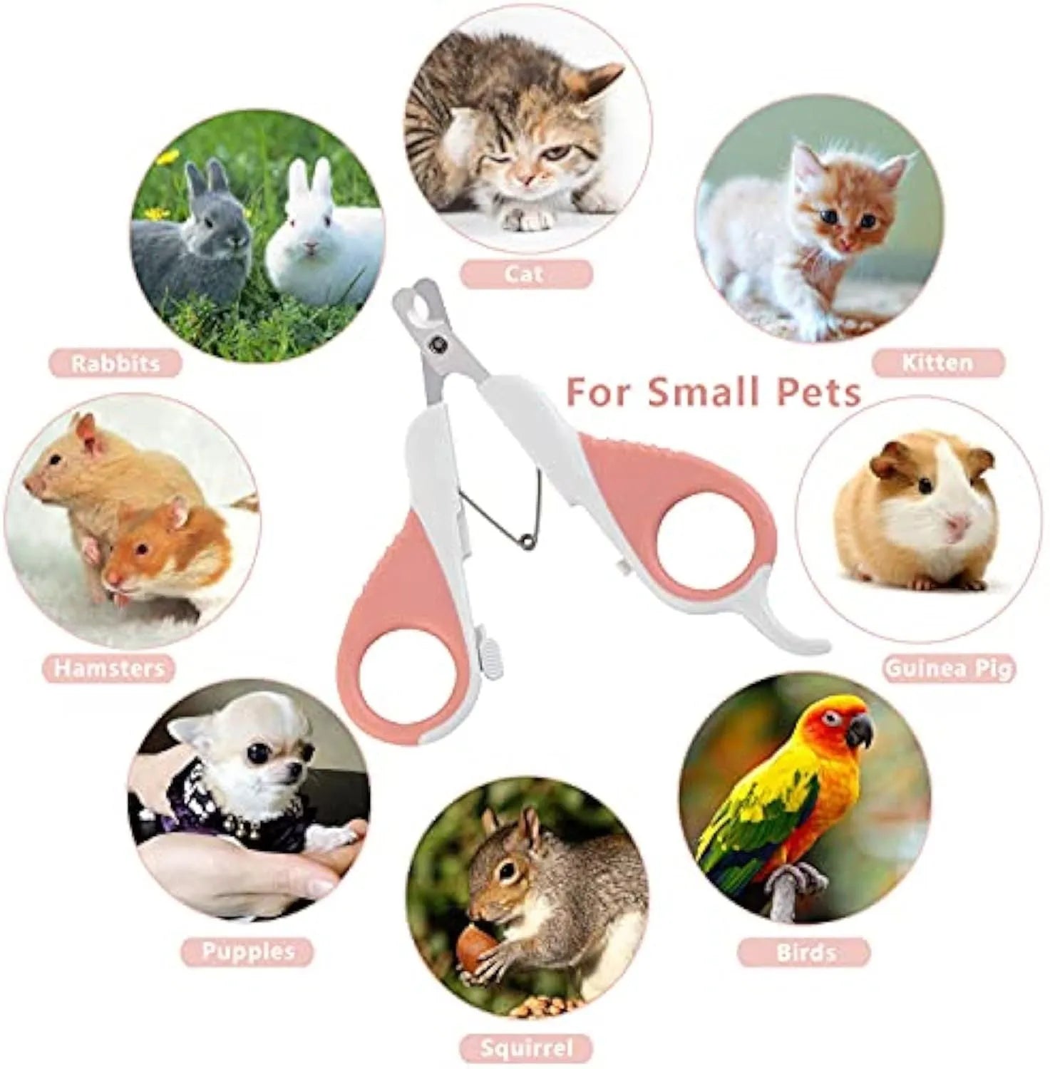 Grey and pink cat nail clippers with angled blade and safety guard on a table.