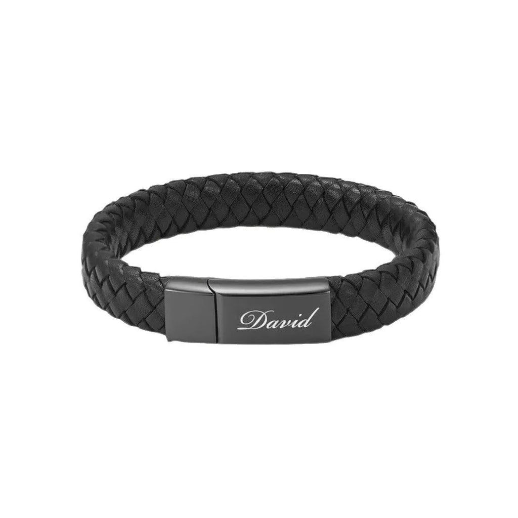 Black leather and stainless steel casket bracelet with weaving texture and English letter engraving