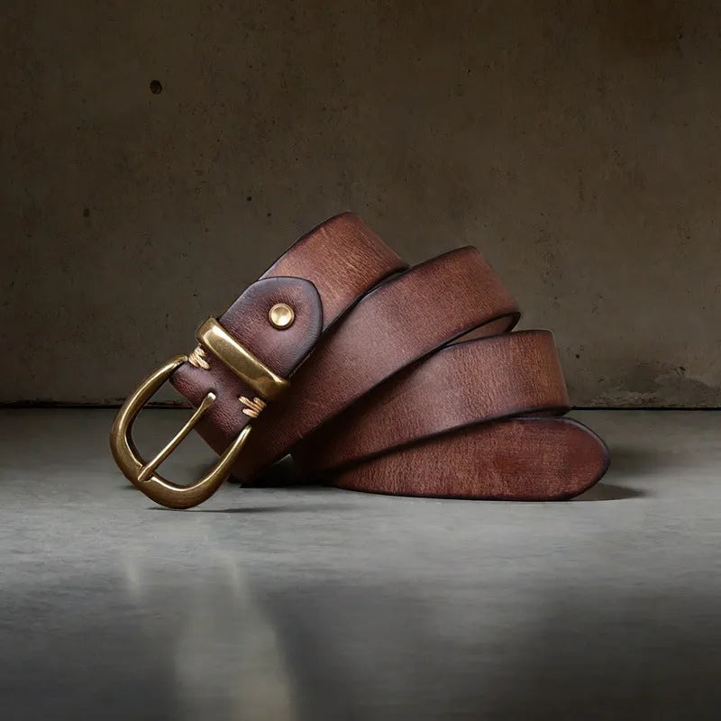 Men's casual cattlehide leather belt with copper pin buckle in black, brown, or khaki