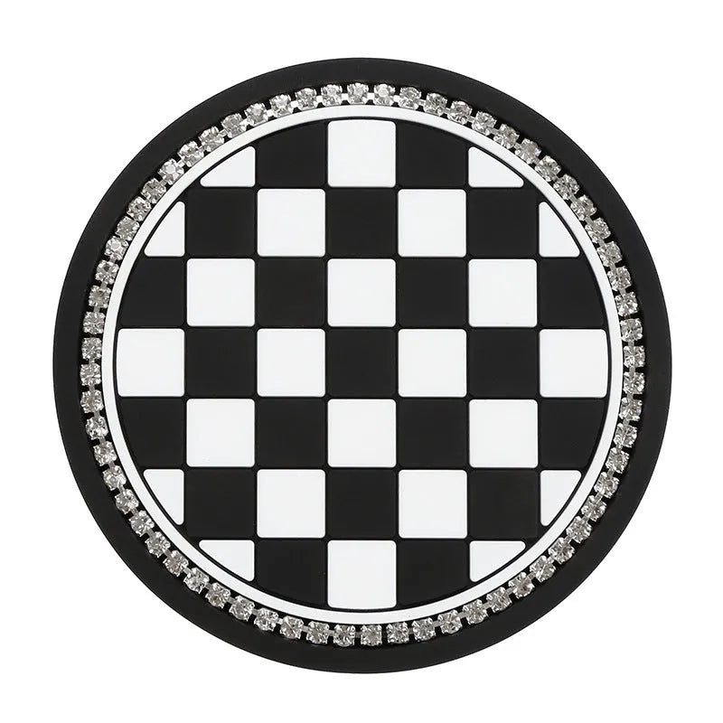 Black and white checkerboard PVC non-slip car water cup mat on a cup holder
