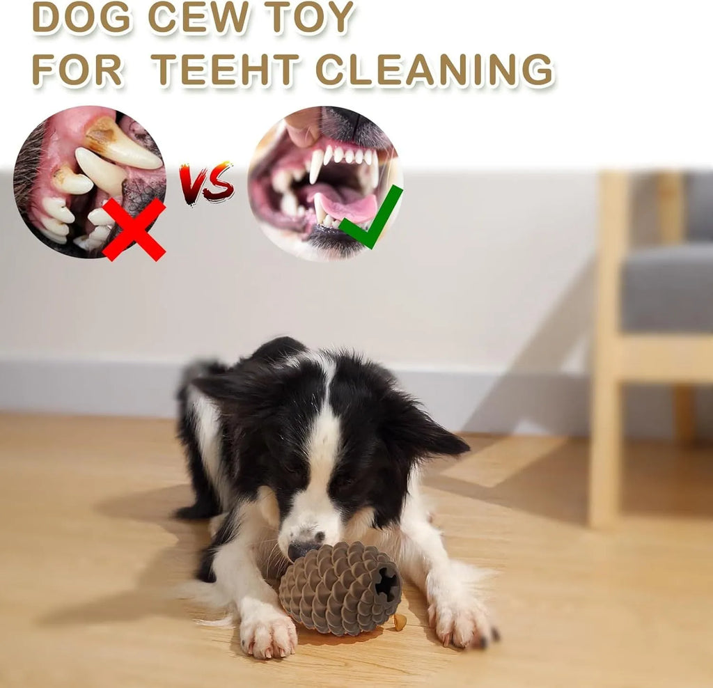 Yellow natural rubber pine cone dog toy with treat dispenser for medium to large breed dogs
