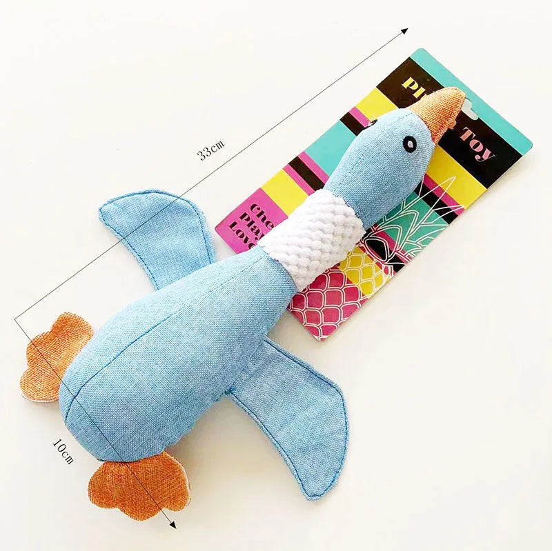 Blue plush duck dog toy with squeakers for large breed chewing play