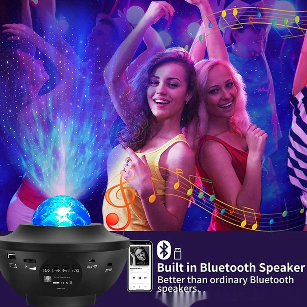 Black USB Bluetooth starry sky projection lamp with rotating water ripple laser effects on desktop