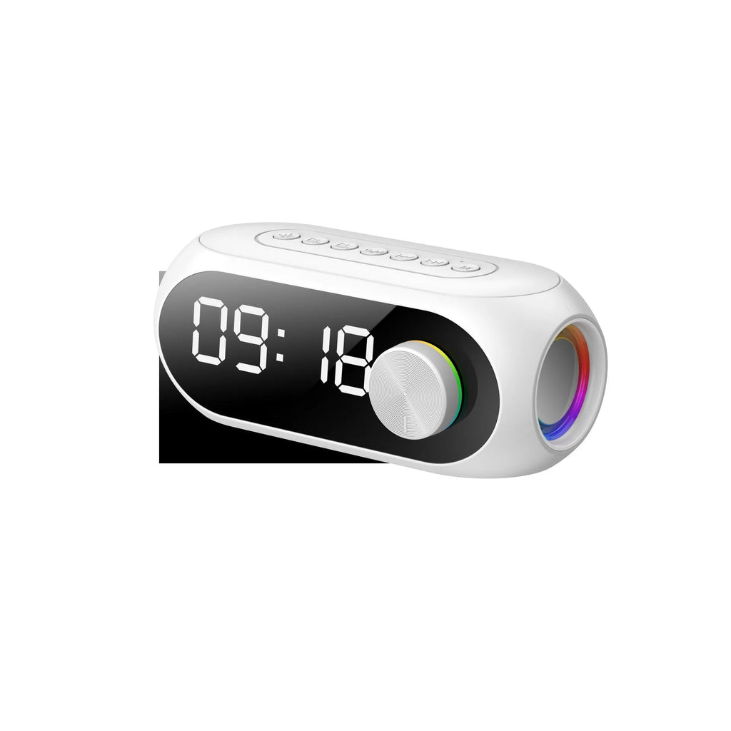 Extra Bass S8 portable mini Bluetooth speaker with digital clock display in black, blue, or white.