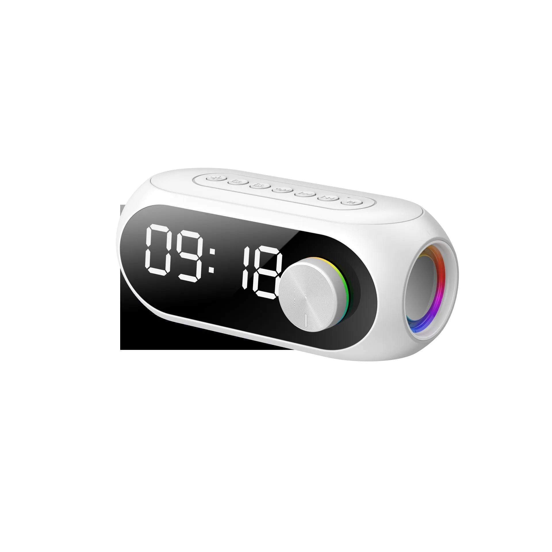 Extra Bass S8 portable mini Bluetooth speaker with digital clock display in black, blue, or white.
