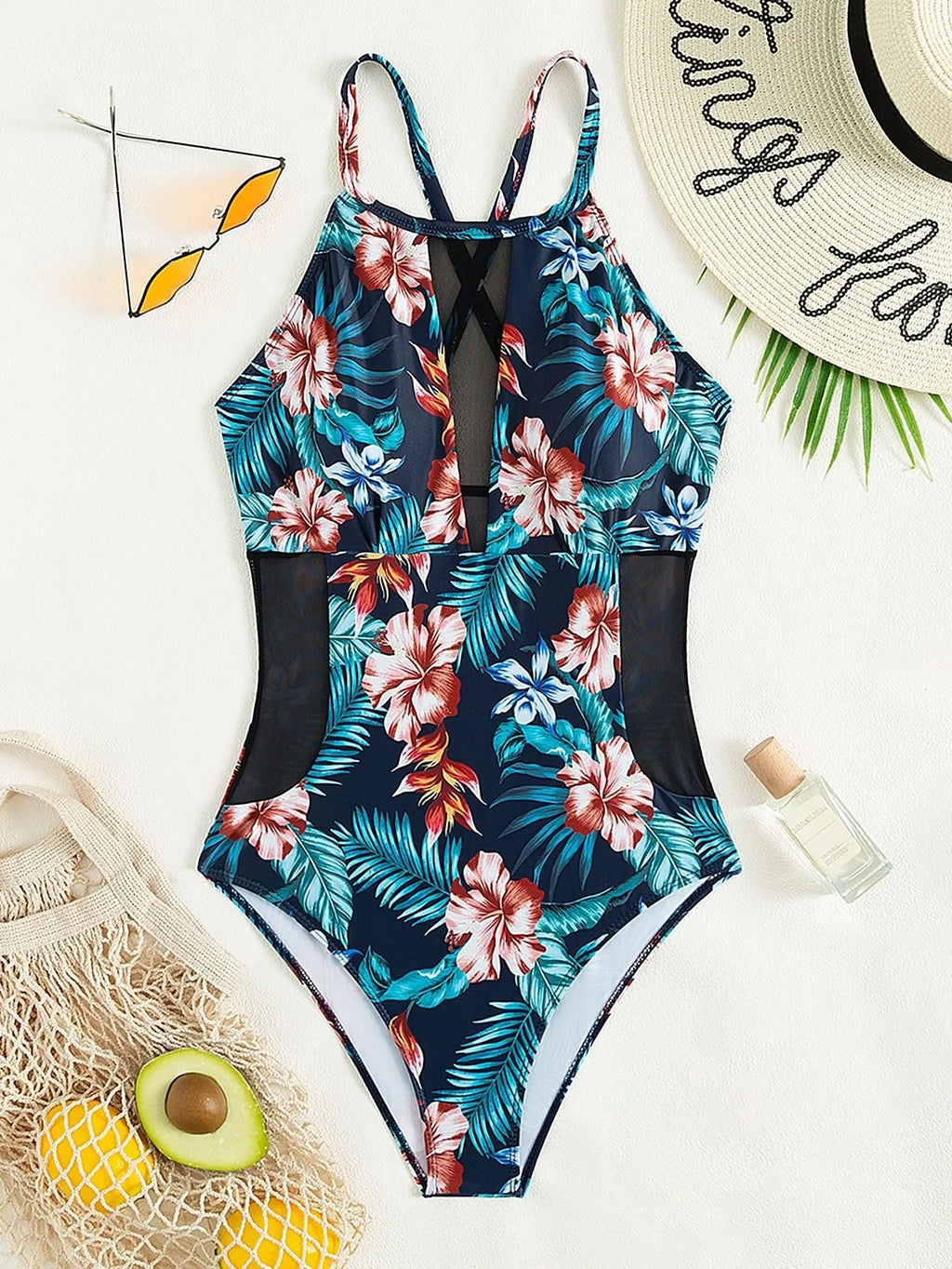 Women's deep V neck printed one-piece swimsuit in conservative European style