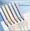 Set of double-headed fluorescent marker pens showing twin tips, available in mixed colours, Salt series, and Sweet series packs.