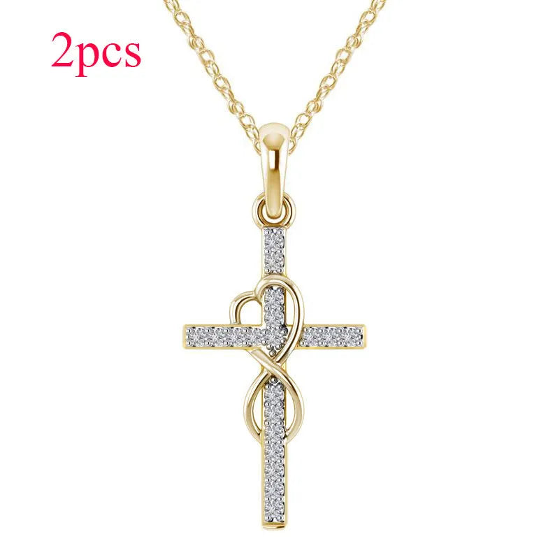 Alloy cross pendant necklace with diamond detail, adjustable chain, gold colour, unisex design