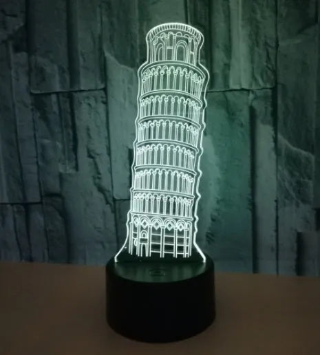 Leaning Tower of Pisa 3D acrylic night light illuminating in multiple colours on a desk