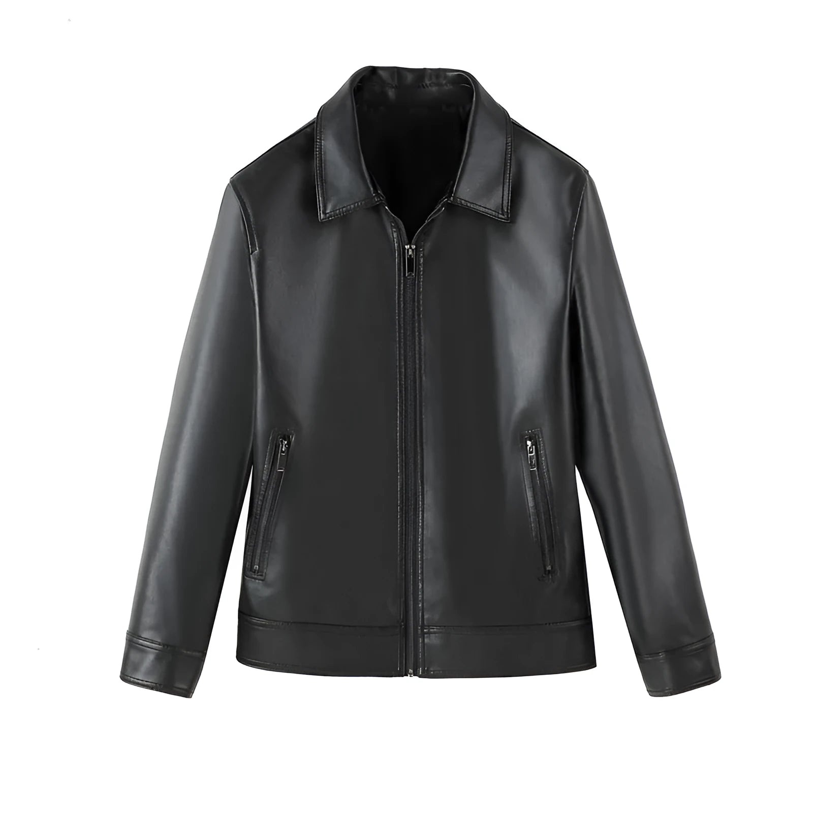 Black men's loose fit PU leather jacket with zipper pockets on a model.