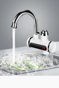 White electric water heater tap with digital temperature display showing temperature reading