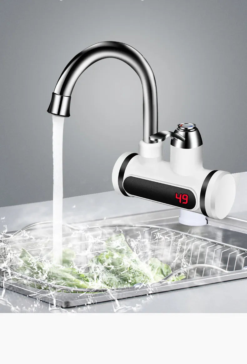 White electric water heater tap with digital temperature display showing temperature reading