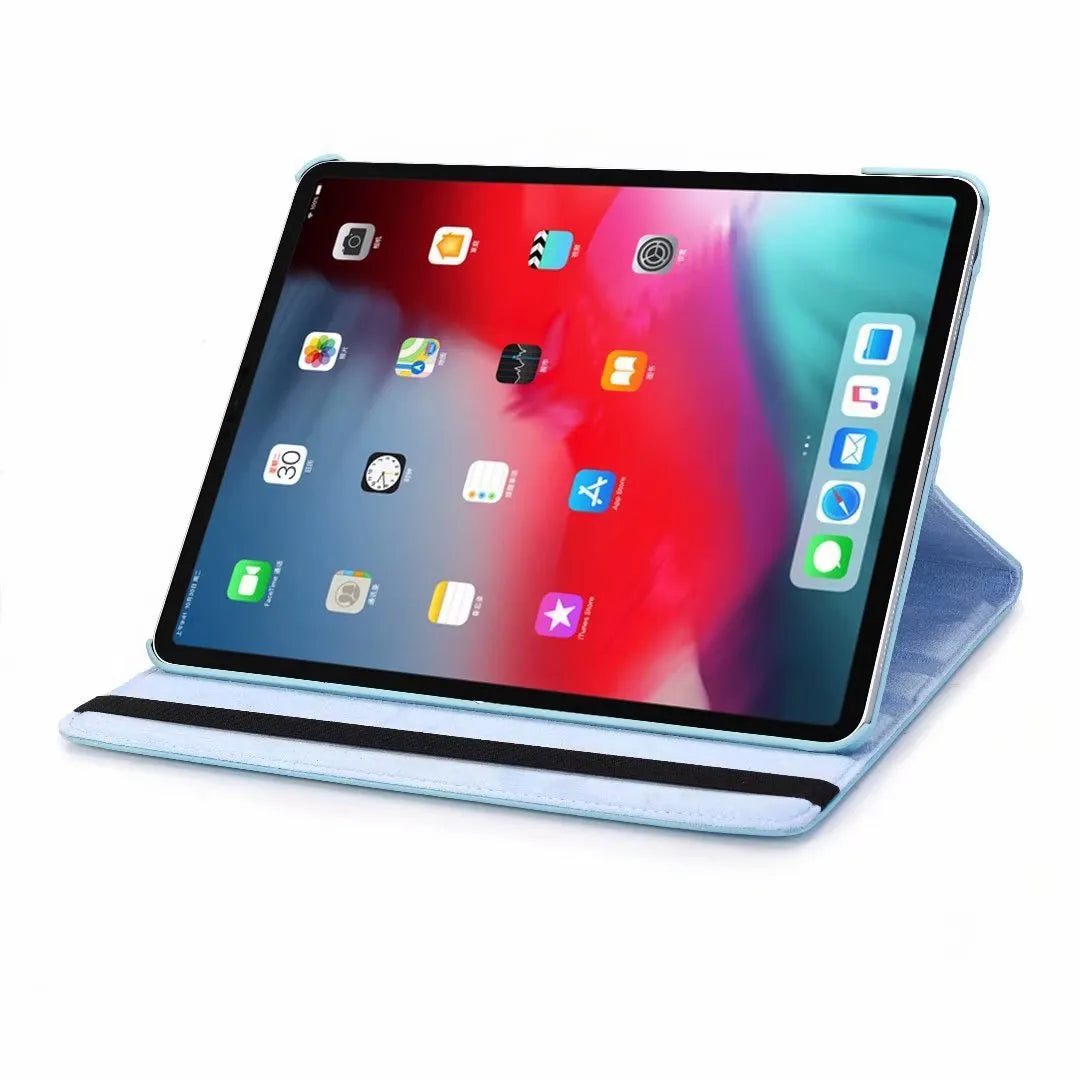 iPad rotating protective sleeve in imitation leather clamshell design showing rotation function and solid colour options