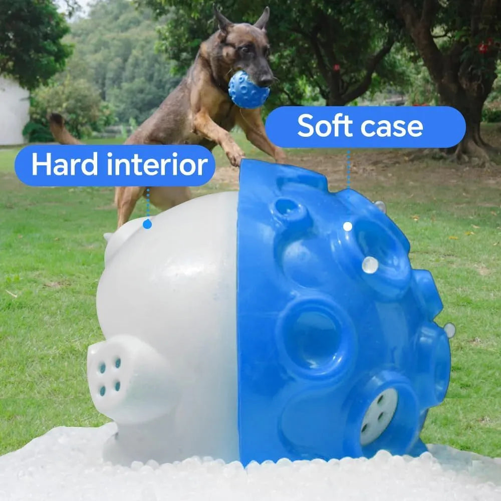 Colourful rubber dog chew ball with textured surface and squeaky sound mechanism