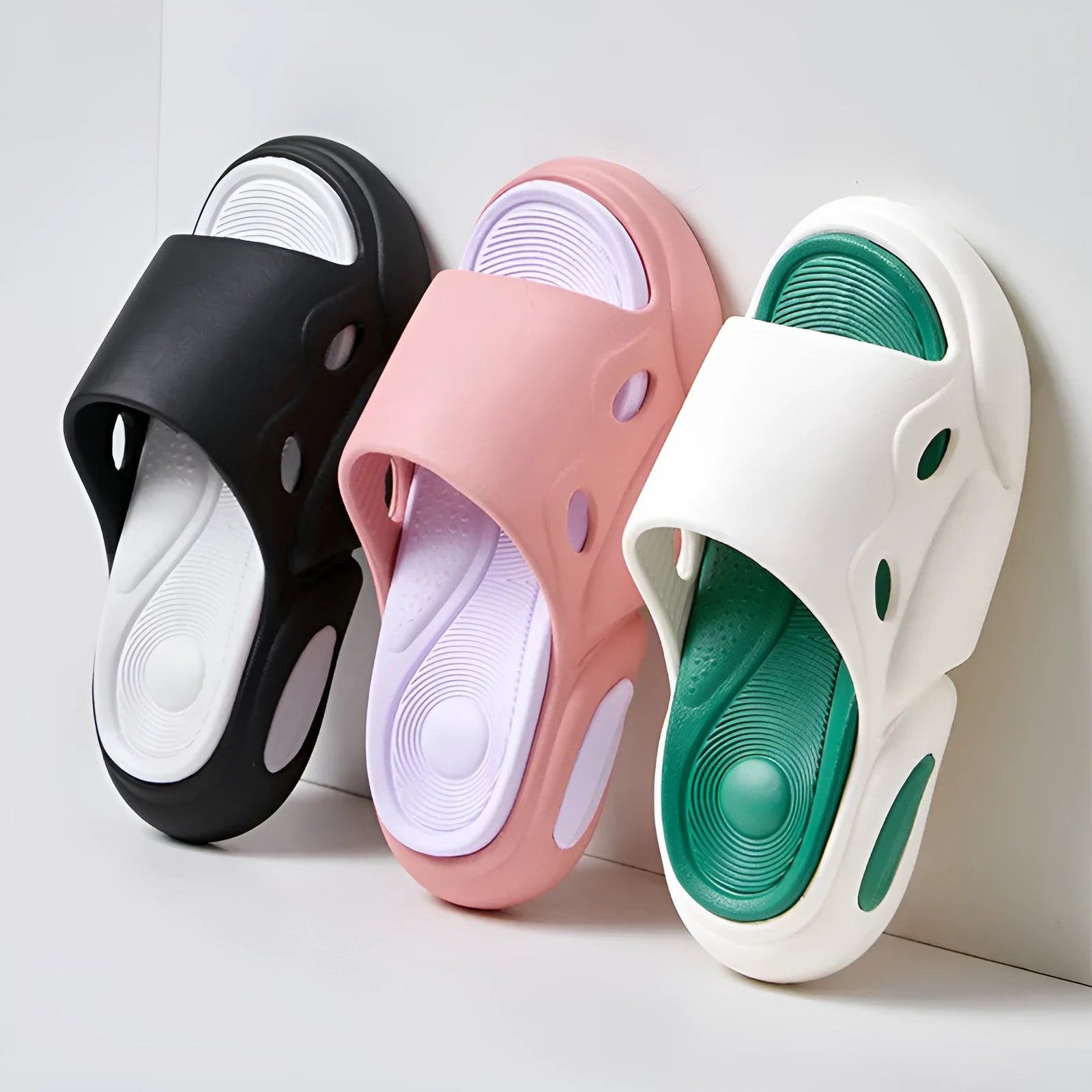 Two-colour thick-soled EVA slippers with leather lining in pink purple, white green, and black white colour options