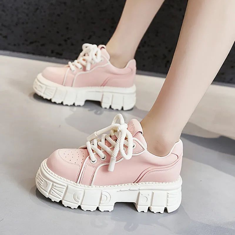 Beige and pink women's leather casual shoes with a raised rubber foam sole for height increase.