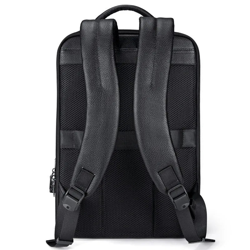 Black genuine cowhide leather men's business backpack with curved shoulder strap.