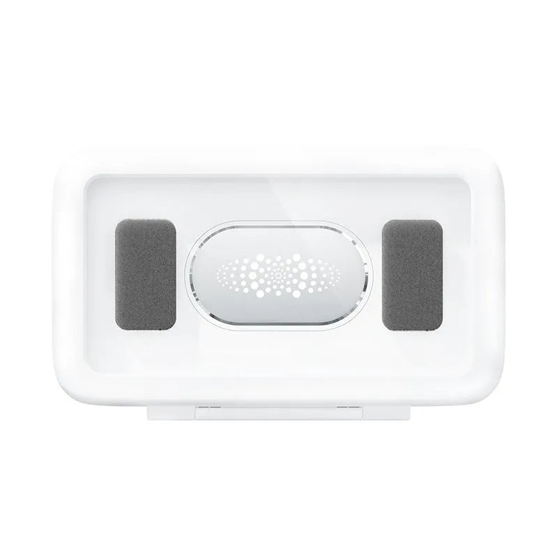 Waterproof phone holder in Crescent White with anti-fog window and touch screen on bathroom tile