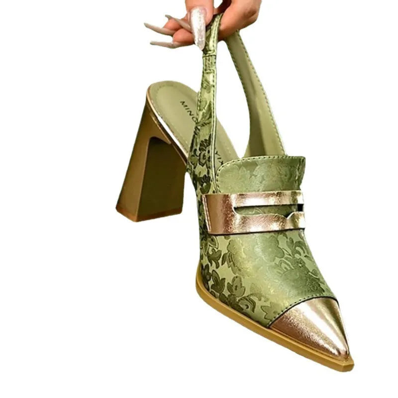 Printed high heels chunky heel pointed toe elastic band sandals microfiber upper rubber sole black champagne green sizes 35-39