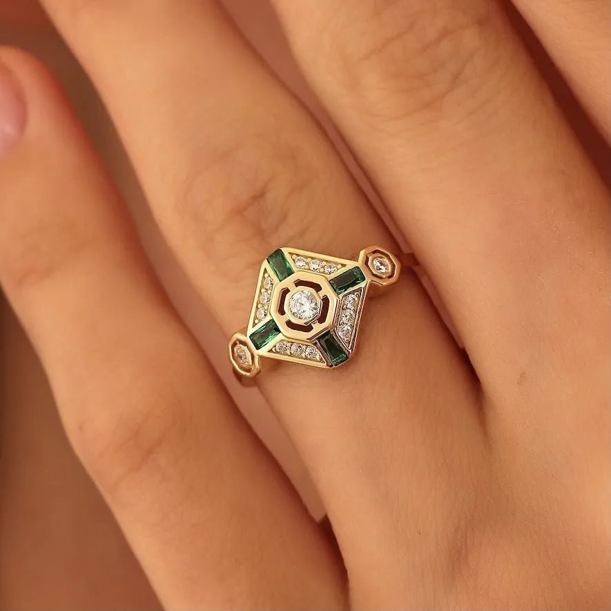 Square geometric emerald diamond ring for women with electroplated finish in green colour