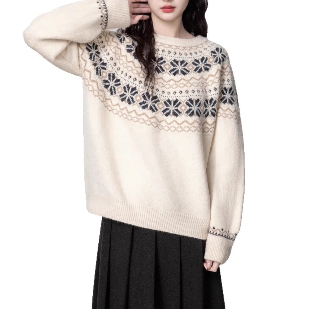 Women's milky white fair isle geometric pattern crew neck pullover sweater