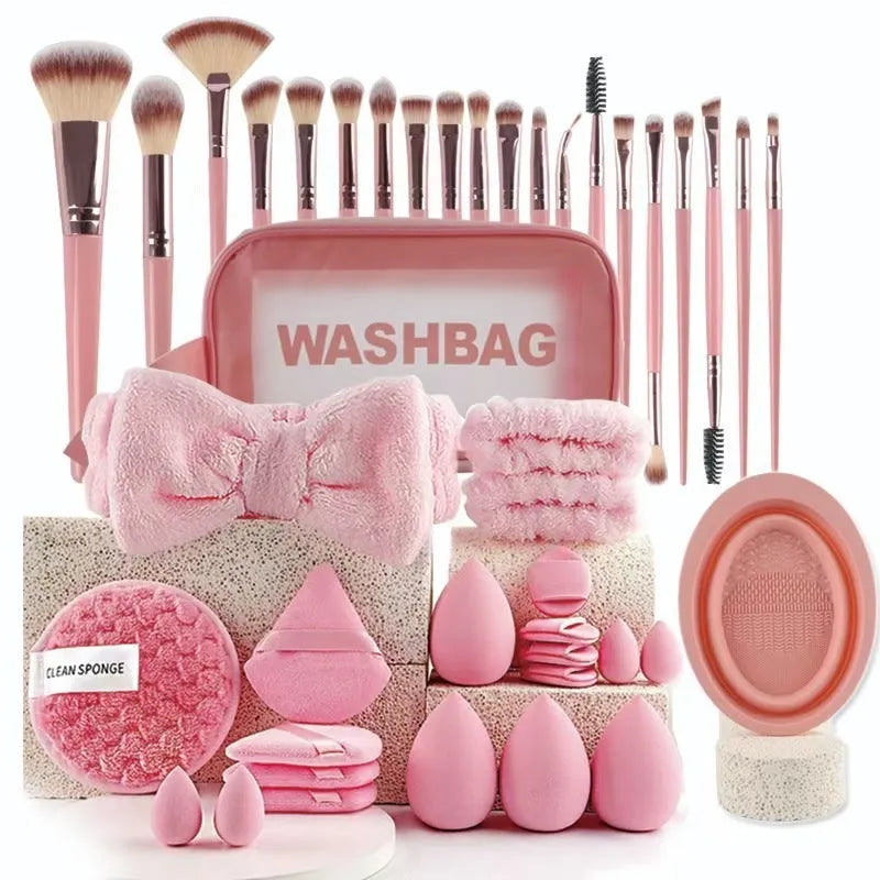 40pcs makeup brush set in brown, pink, and purple with hydrophilic non-latex bristles