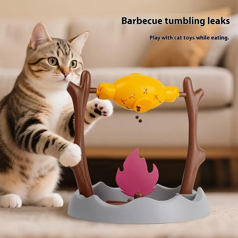 Barbecue style tumbling cat food puzzle feeder toy measuring 30cm cubed