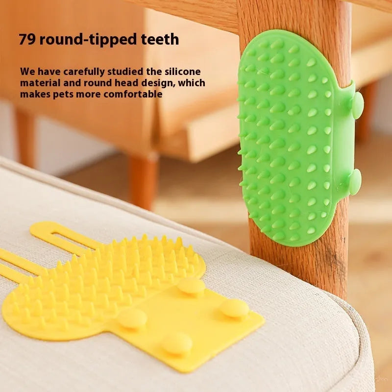 Silicone cat grooming comb with adjustable strap mounted on a table leg