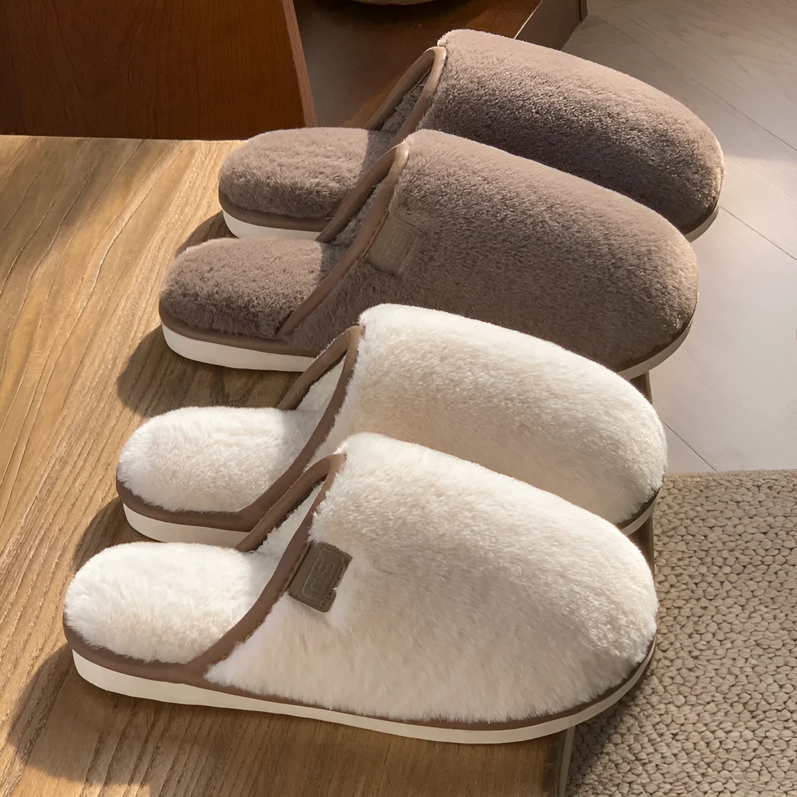 Unisex solid colour plush slippers with non-slip PVC soles and car stitching detail