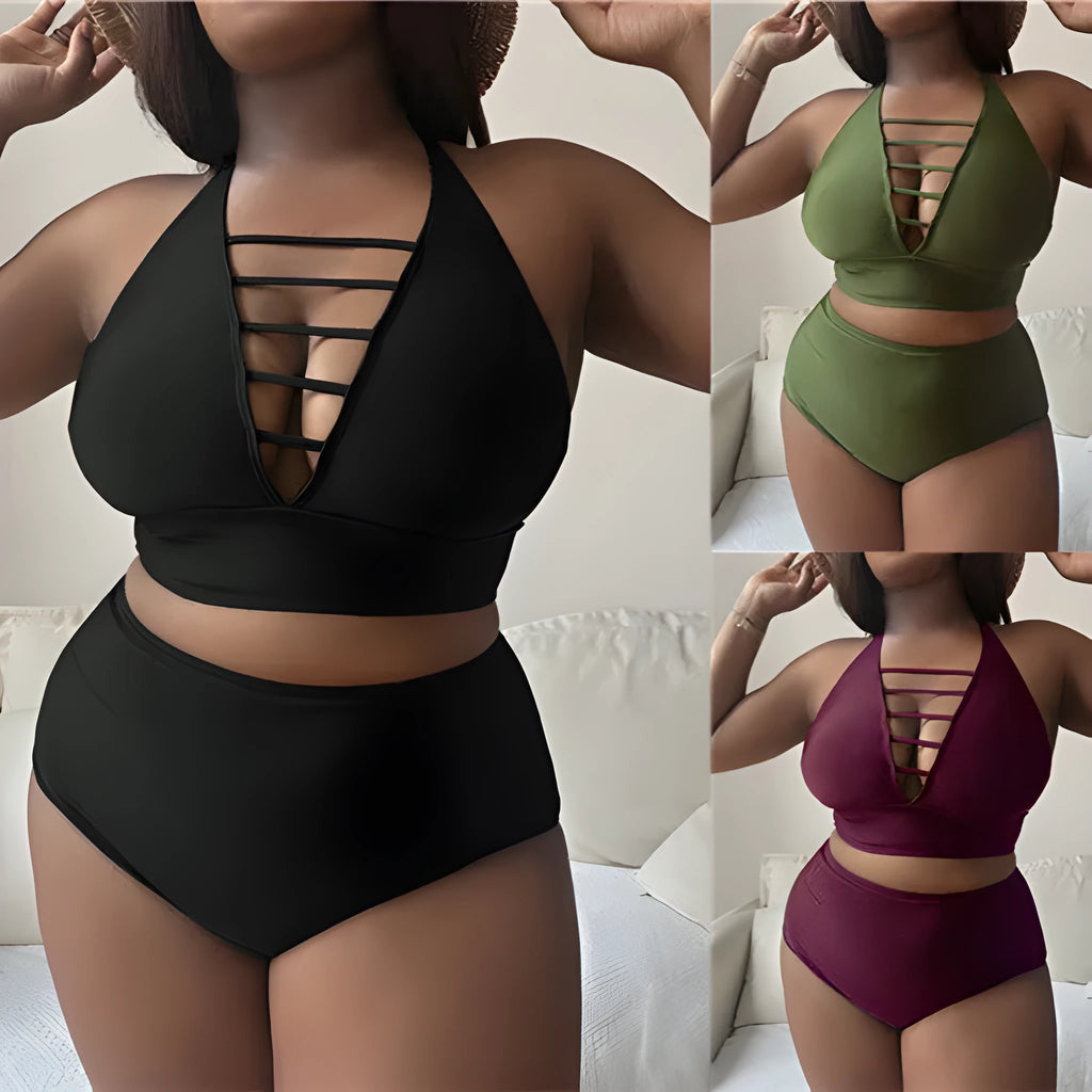 Plus size halter bikini with cross shoulder straps in solid colour polyester fabric