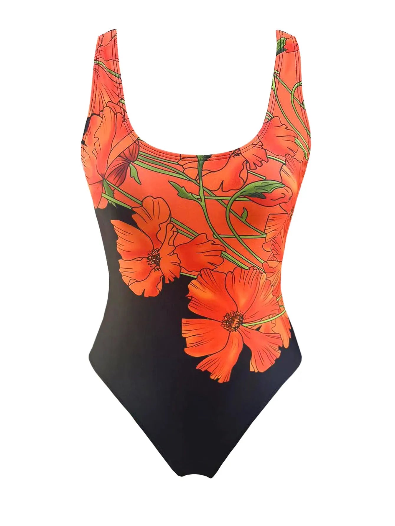 Women's slim fit backless one-piece swimsuit with orange flowers print in polyester