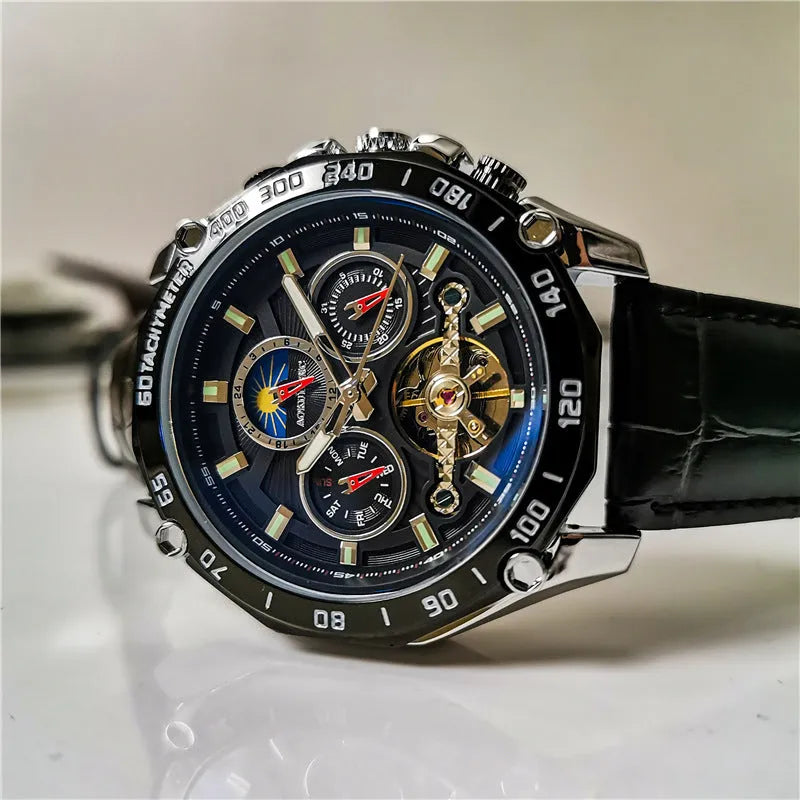 Men's automatic mechanical watch in silver case with white dial, black case with black dial, or gold steel options