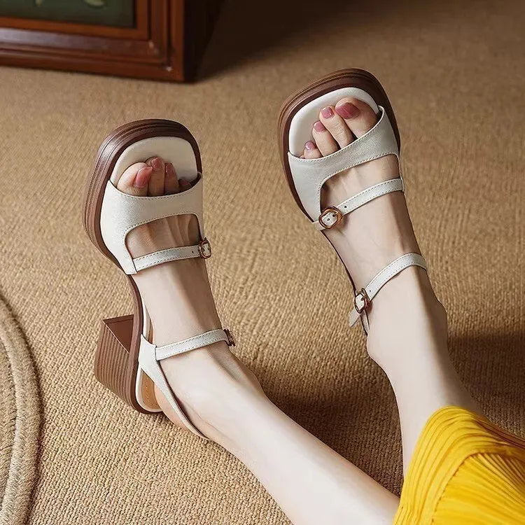 Open toe square toe platform sandals for women with PU upper and rubber sole in beige colour