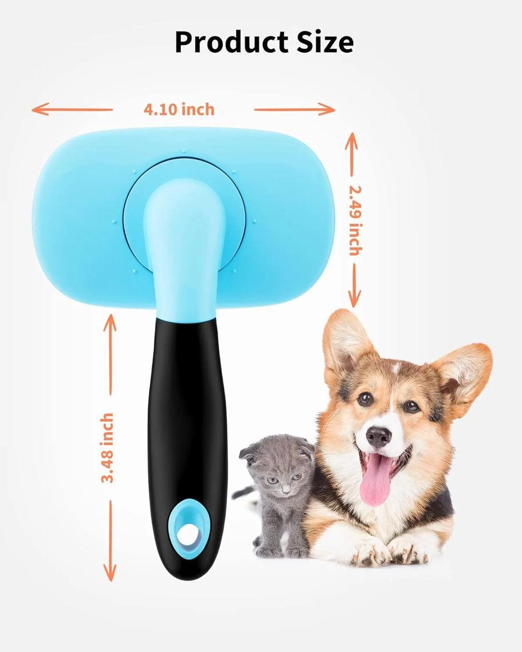 Rectangular pet grooming brush with stainless steel bristles and blue rubber handle on white background