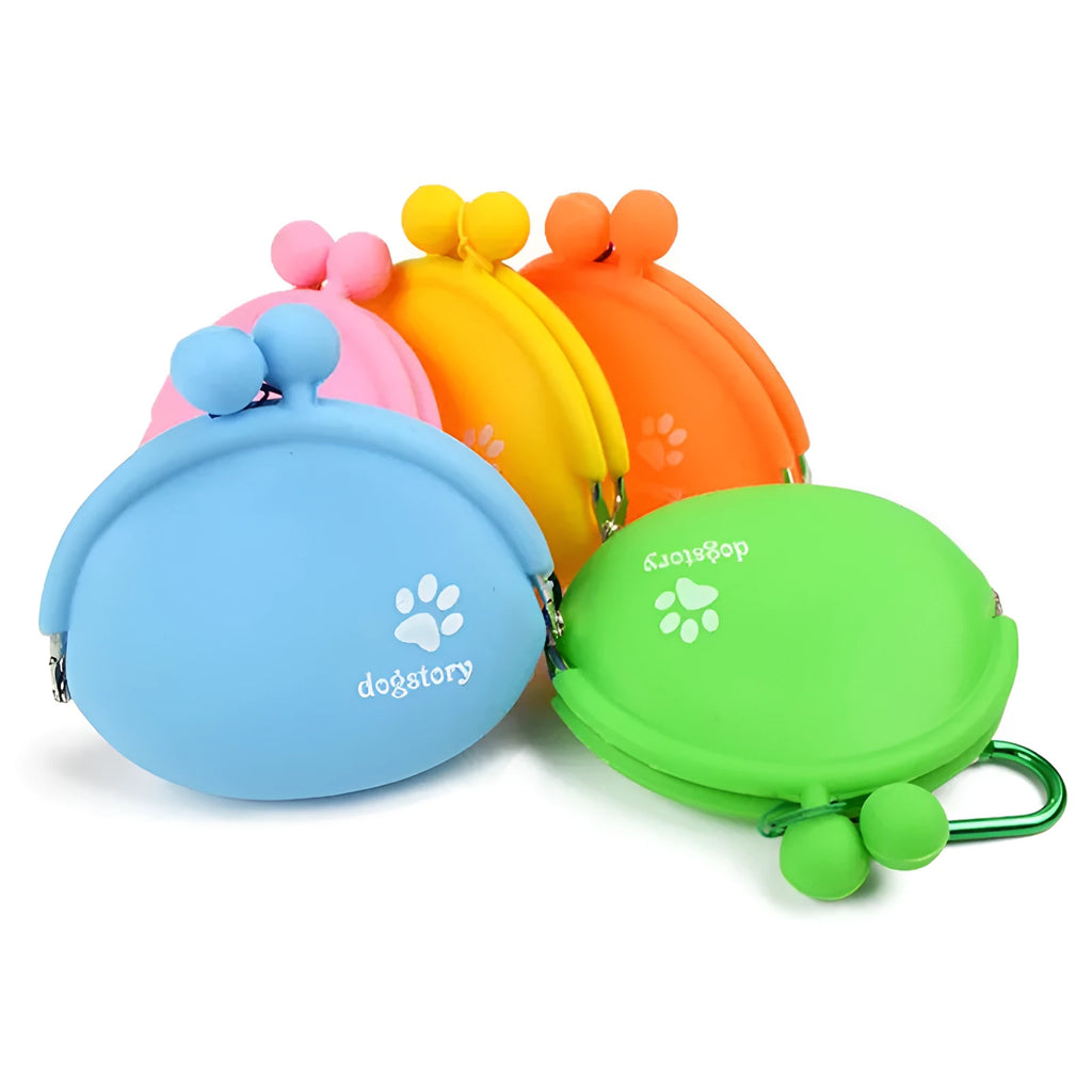 Silicone dog training treat waist bag with hook-and-loop closure in assorted colours.
