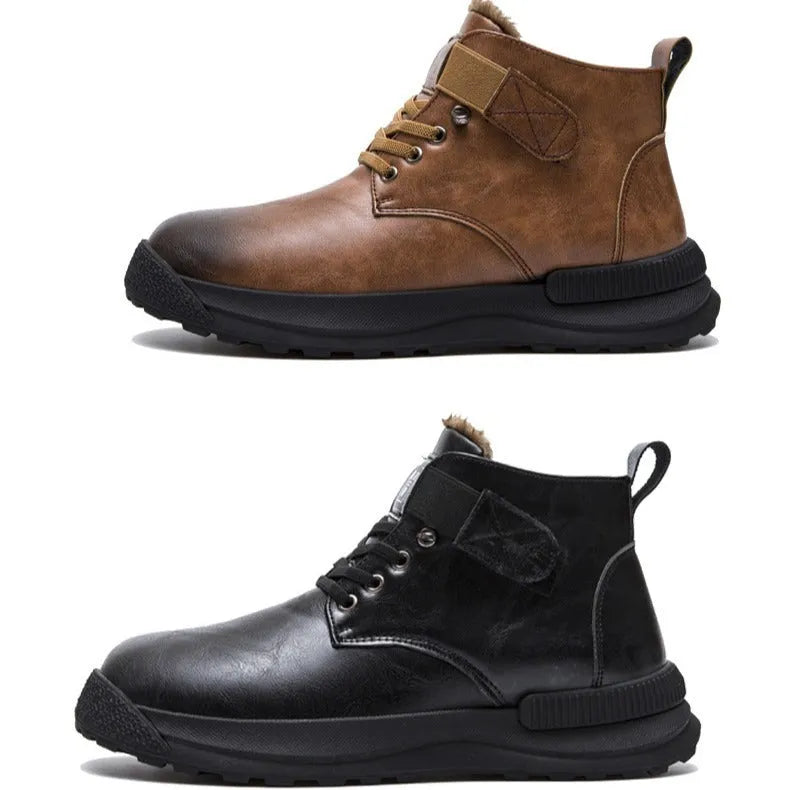 Men's black high-top Martin platform boots with velvet-like PU upper and chunky rubber sole.