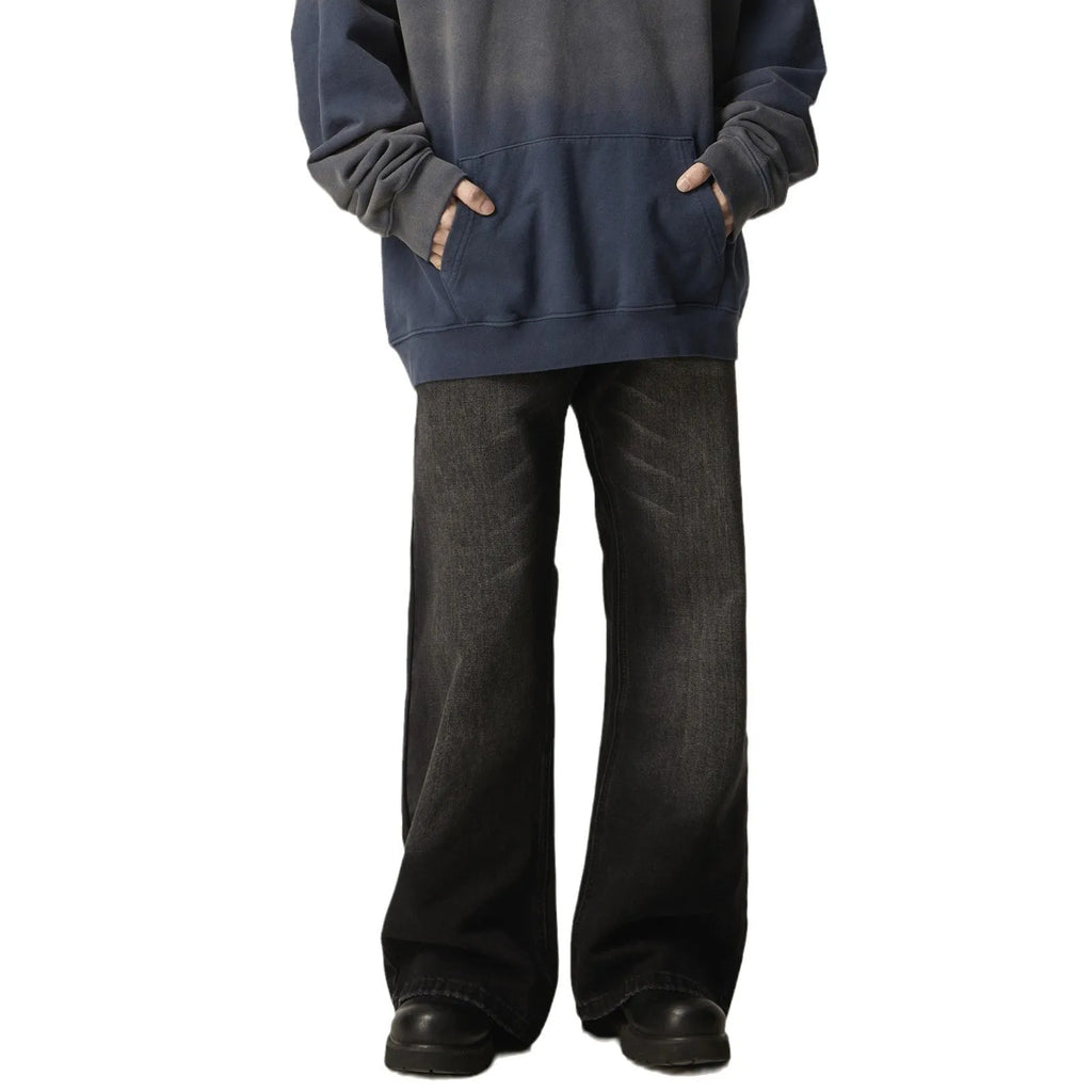 American retro black loose straight-leg jeans with zipper fly on mannequin