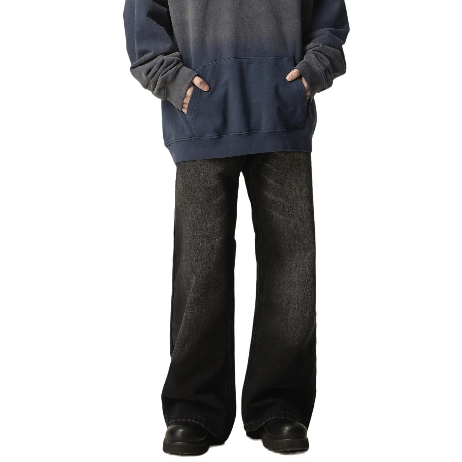 American retro black loose straight-leg jeans with zipper fly on mannequin
