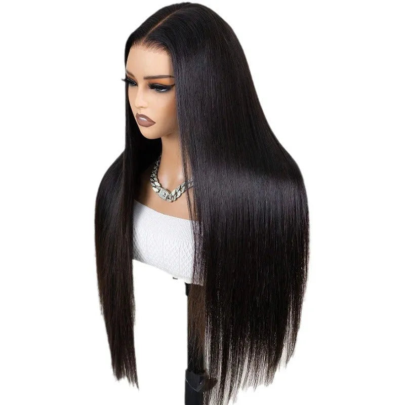 Straight black human hair wig with 13x6 lace front, shown in long length.