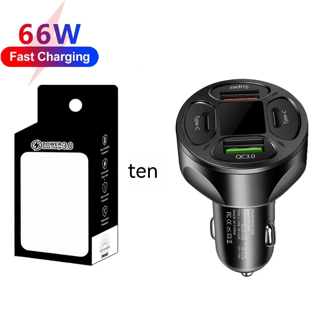 66W 2USB 2 Type-C digital display car charger in black with compact design and voltage readout