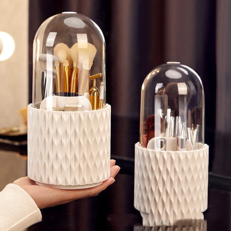White acrylic makeup brush storage box with transparent dust cover and rotating design