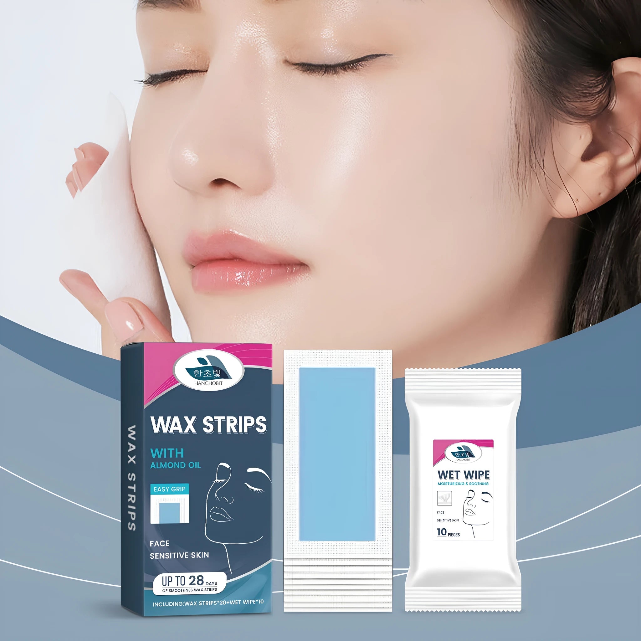 HANCHOBIT facial hair removal wax paper strips with wet wipes, 20 strips and 10 wipes, rosin-based wax for upper lip and face