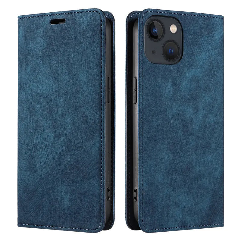 Magnetic flip phone case for iPhone in solid colour options showing TPU and leather construction
