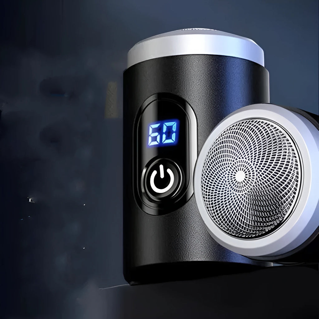 Black portable USB rechargeable shaver with LED display and cleaning brush