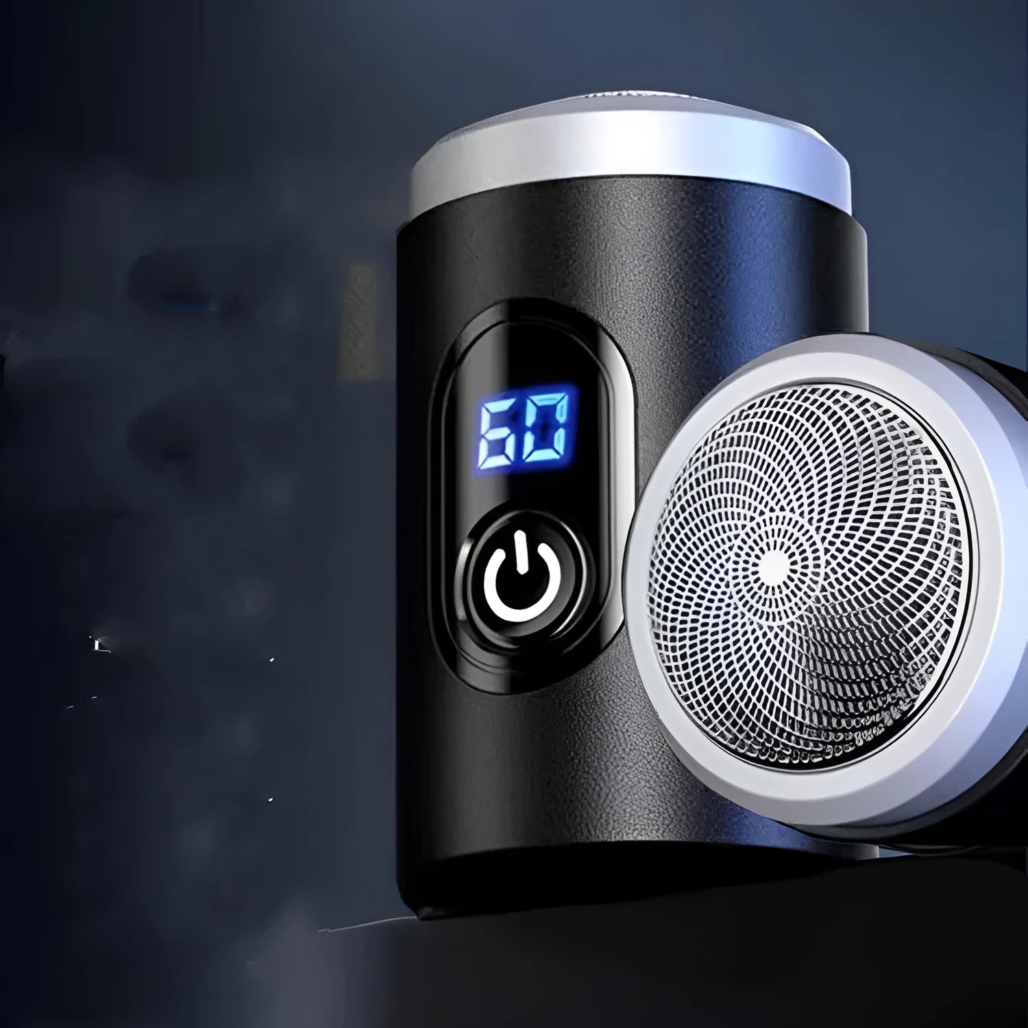 Black portable USB rechargeable shaver with LED display and cleaning brush