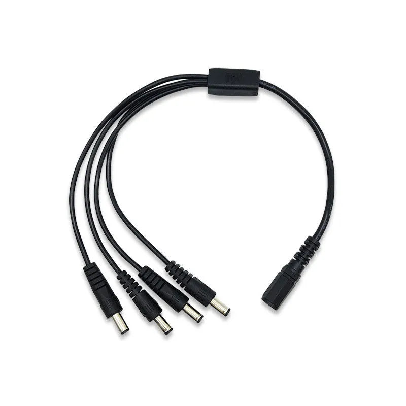 Black DC 1-to-4 monitoring power cord with copper core, 0.39m length, 5.5mm connectors for CCTV cameras