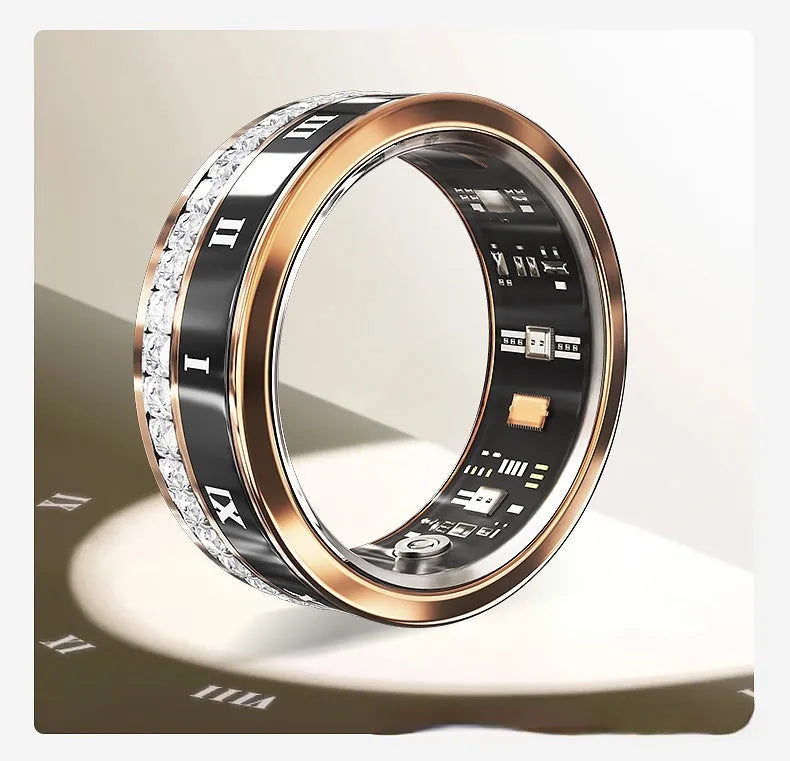 Silver and gold diamond inlaid smart rings for adults showing wearable technology on finger.