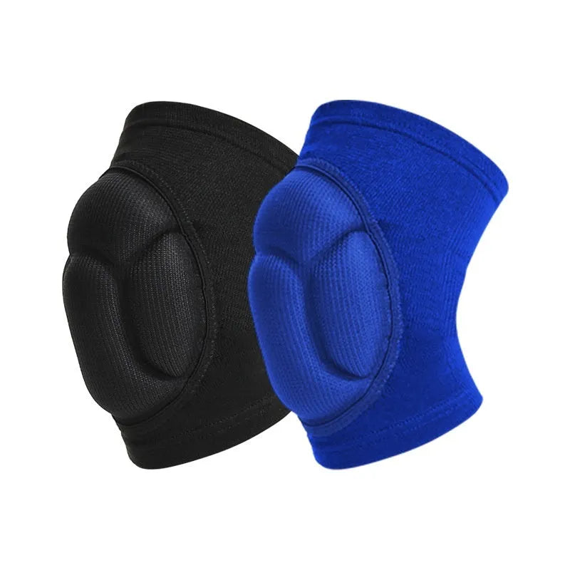 A pair of black thick sponge knee pads for dance and sports protection on a knee.