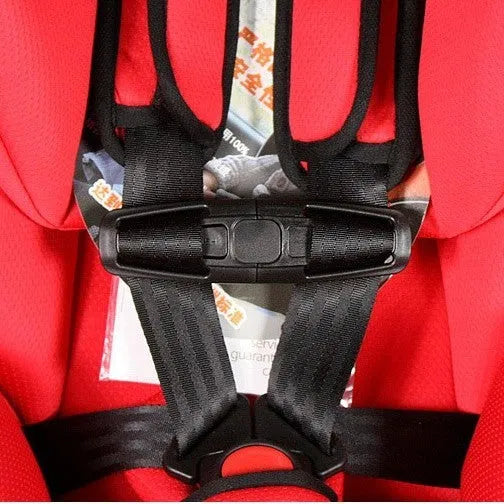 Black nylon seat belt clip for child car seat harnesses, shown at 14.5 cm long.